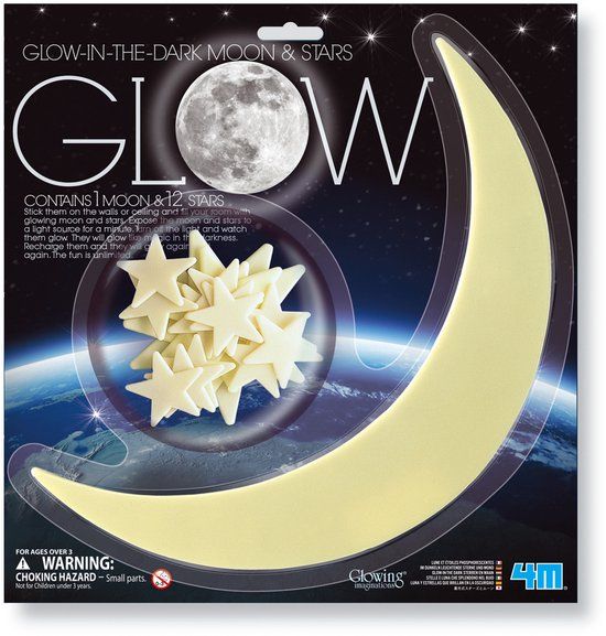 Glow 4M Glow In The Dark Stickers - Maan En Sterren - 12 Sterren - 3 Formaten - Muurdecoratie Kids - 3+