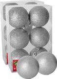 Gerimport Kerstballen - 12x - zilver - kunststof - glitters - D8 cm
