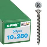 SPAX Roestvaststalen schroef, 10 x 280 mm, 50 stuks, Voldraad, Verzonken kop, T-STAR plus T50, CUT-punt, Roestvast staal A4-1208001002805