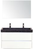 BES LED Dante Badmeubelset 100 cm - Wit Hoogglans - Wastafel Hardsteen Wit Lucca 2 Kraangaten met Spiegel