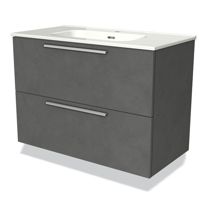 Maxaro Badkamermeubel 90cm Modulo Donkergrijs Beton 2 Lades Vlak Wastafel Keramiek
