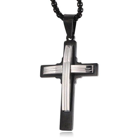 Mendes Jewelry Heren Venetiaanse Schakelketting met Zwart Zilverkleurige Hanger
