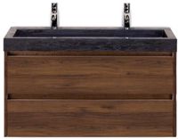BES LED Dante Badmeubelset 100 cm - Walnoot - Wastafel Hardsteen Wit Lucca 2 Kraangaten