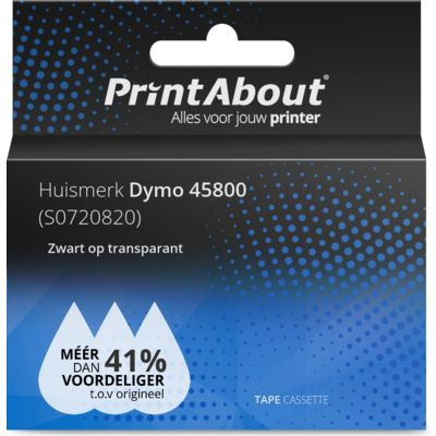 PrintAbout Huismerk Dymo 45800 (S0720820) Tape Zwart op transparant (19 mm)