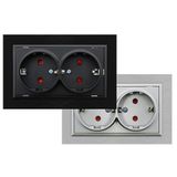 Dubbel inbouwstopcontact type Schuko, zwart, veilige verbinding, elegant design, ideaal voor thuis en op kantoor.
