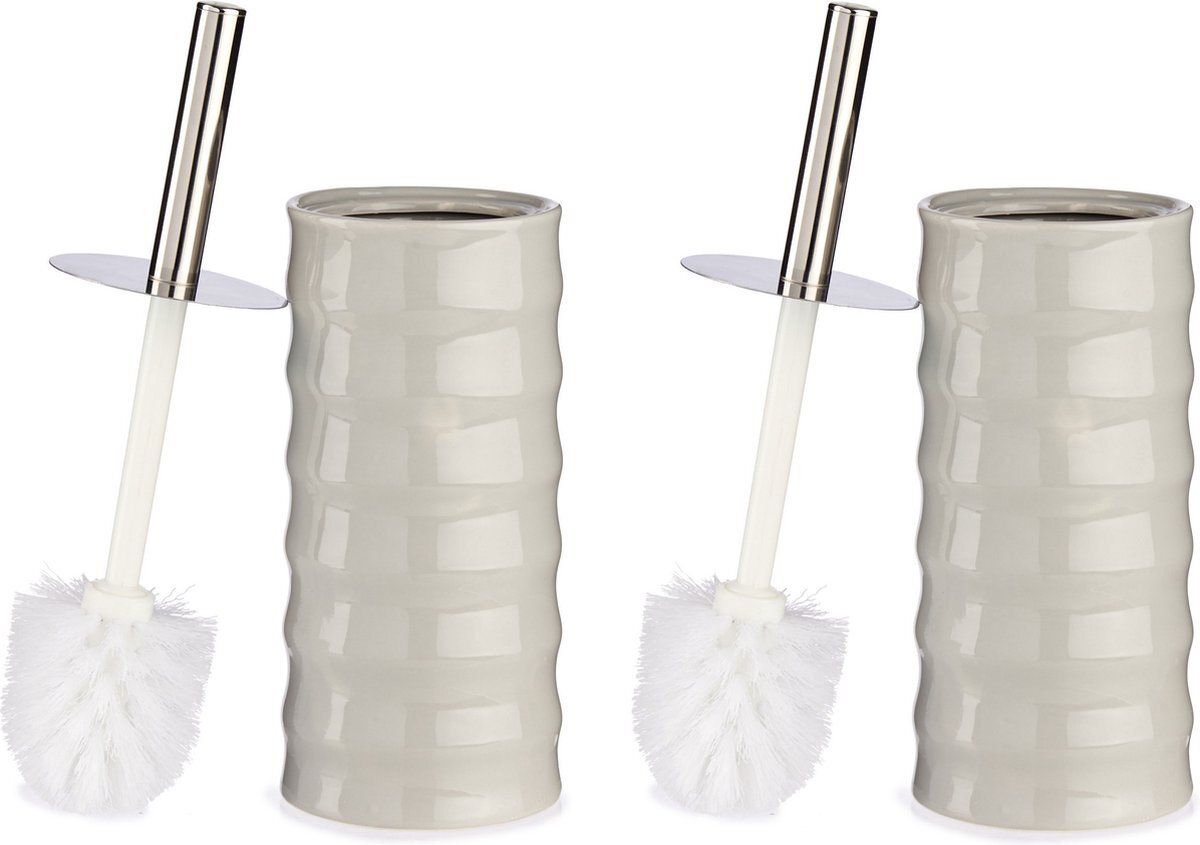 Berilo Set van 2x stuks toiletborstel kiezelgrijs gestreept bamboe 31 cm - Wc-borstels