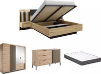 Vente-unique Lit avec rangement et tables de chevet 160 x 200 cm + matelas + commode + armoire - Couleur : naturel et noir - ARIADA