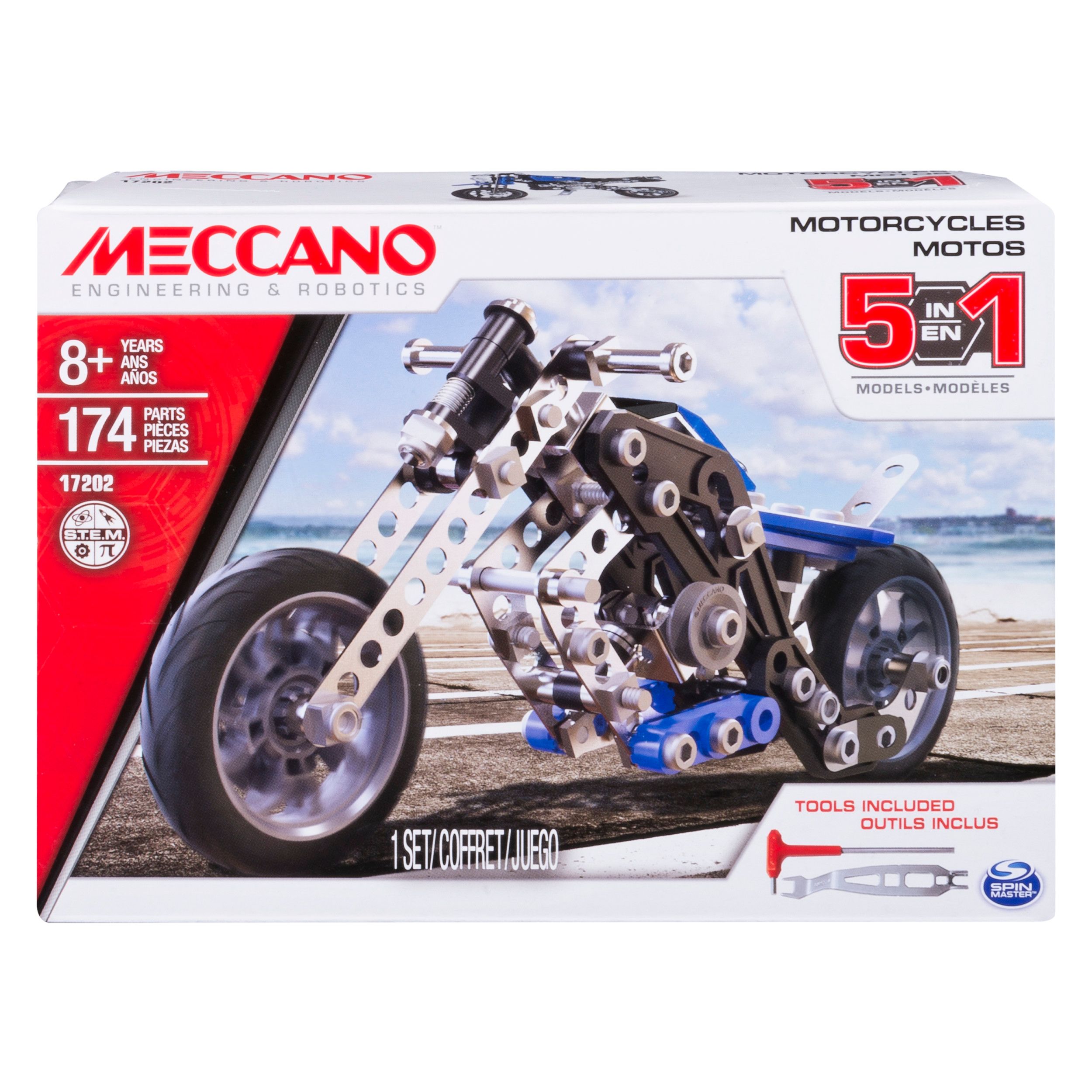 Meccano 5-in-1 Motorbike Set - S.T.E.A.M. Building Kit - Metal Construction - Ages 8+