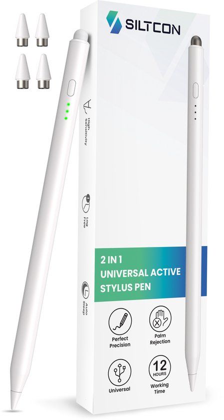 Siltcon® Stylus Pen 2-in-1 - Universeel - Wit - Palm rejection - Geschikt voor alle touchscreen apparaten - Incl. opberghoes - SI056