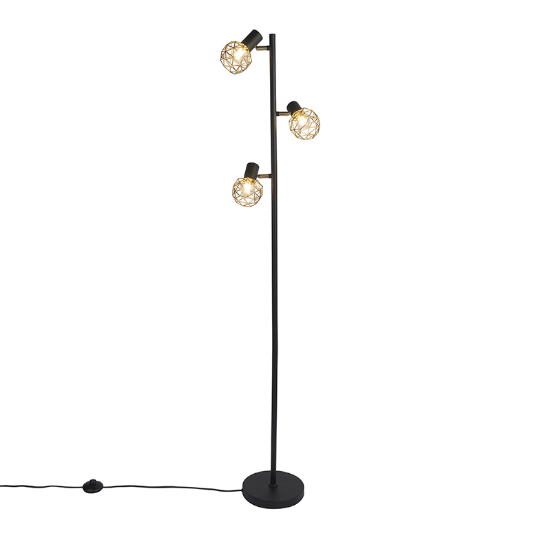 QAZQA Moderne vloerlamp zwart met goud 3-lichts - Mesh