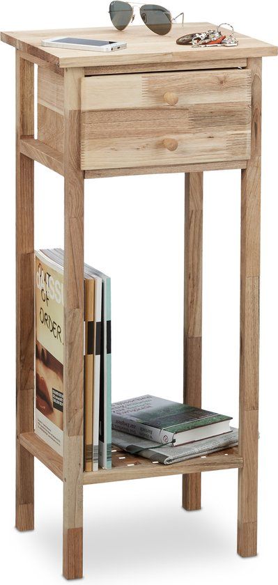 Relaxdays Bijzettafel met Lade - 80x35x30 cm - Notenhout - Sidetable