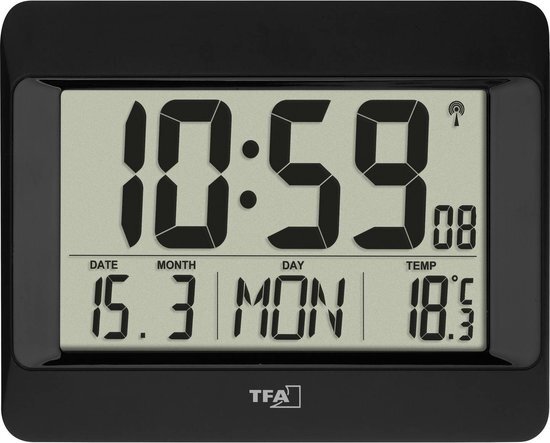 TFA Wandklok digitaal, 60.4519.01, radioklok met binnentemperatuur, weekdag (8 talen), datum, tijdzone-instelling, zwart, kunststof, (L) 215 x (B) 160 x (H) 26 (68) mm