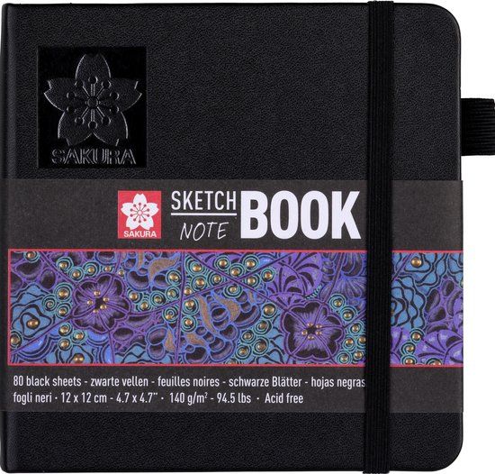 Sakura Schets/notitieboek - 12 x 12 cm - 80 pagina's - zwart papier - 140g