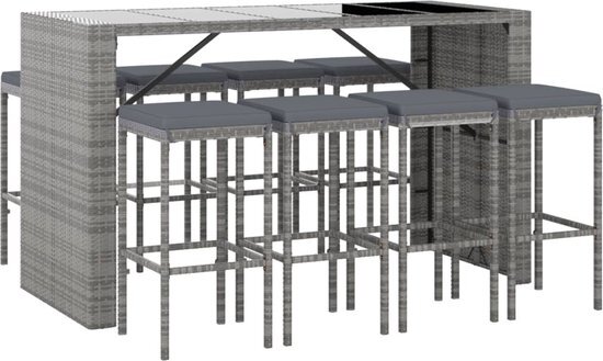 vidaXL 9-delige Tuinbarset met kussens poly rattan grijs