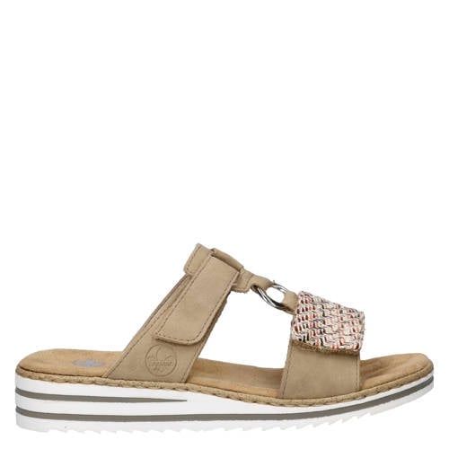 Rieker Imitatieleren Slippers met Klittenband en Sleehak Beige