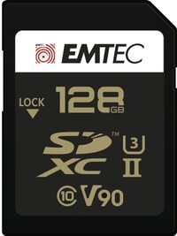 Emtec ECMSD128GUHS2V90 SD-kaart, UHS-II U3 V90 SpeedINPRO+, opslagcapaciteit 128 GB, 2 rijen pinstekkers op de achterkant van de kaart, zwart/goud
