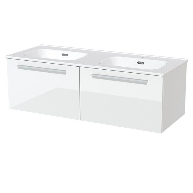 Maxaro Badkamermeubel 120cm Modulo Hoogglans Wit 2 Lades Vlak Wastafel Keramiek