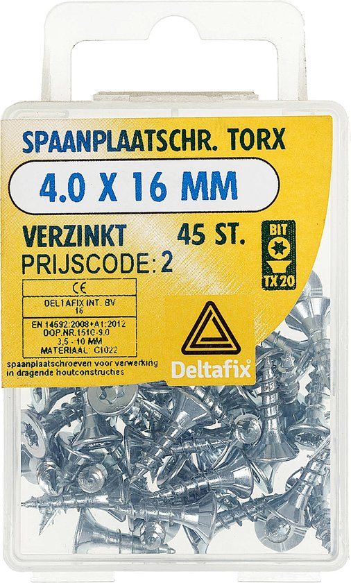 Deltafix Spaanplaatschroef 4.0 x 16mm Platkop Torx Verzinkt 45 stuks