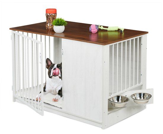 Relaxdays Hondenbench - 65,5x102x60 cm - Wit-Bruin - Met 2 Voerbakjes & Kussen