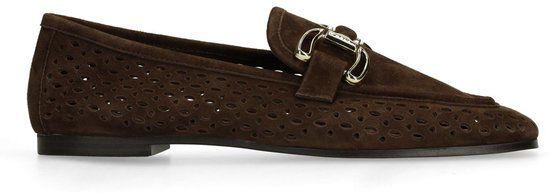 Manfield - Dames - Bruine leren loafers met gouden chain - Maat 41