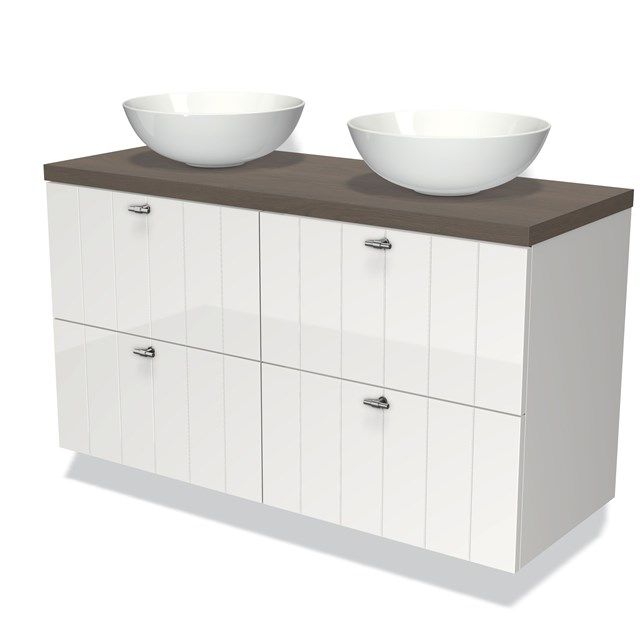 Maxaro Badkamermeubel Modulo Plato 120cm Hoogglans Wit 4 Lades Lamel Donkerbruin Eiken Blad