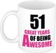 Bellatio Decorations Shoppartners Bv Verjaardag 51 jaar Koffiemok Cadeau - Great years of being awesome - wit/roze - beker - Jubileum - voor dames - vrouwen