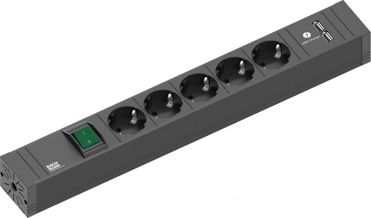 Bachmann Stekkerdoos 5-voudig connect line met schakelaar en USB laders - Zwart
