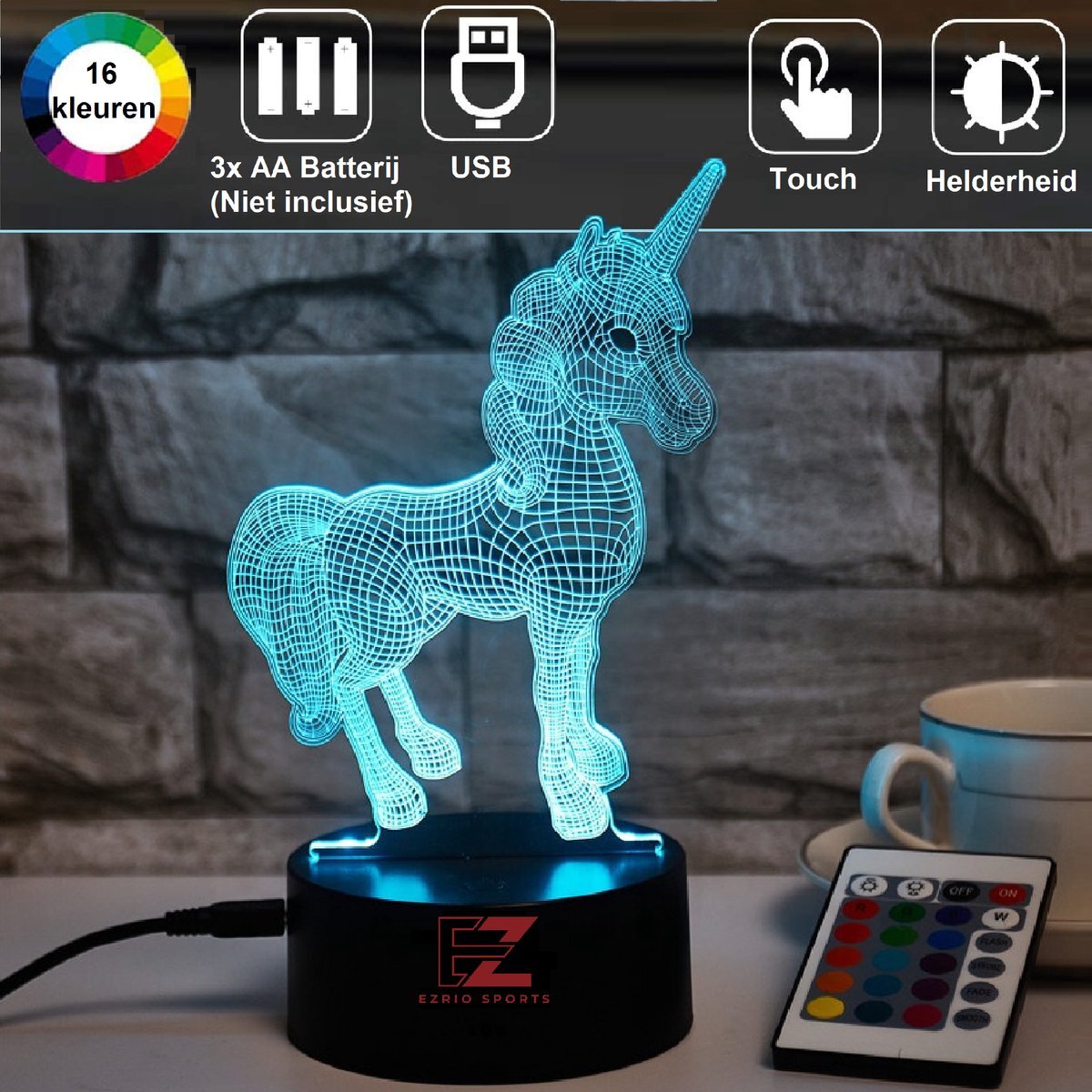 EZRIO SPORTS Nachtlampje Kinderen – 3D Night Light – LED Lamp – 3D Lamp – Tafellamp Slaapkamer – Night Lamp – Nachtlichtje – Color Changing – Unicorn – Remote Control