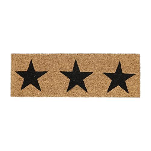 Relaxdays Deurmat kokos, sterren, 75x25 cm, smalle deurmat, binnen en buiten, antislip, weerbestendig, natuur/zwart