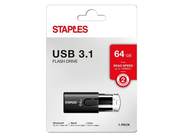 Staples Staples USB-Stick 3.1,  met schuifregelaar, 64 GB, Zwart