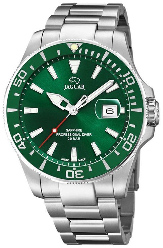 Jaguar J860/B Heren Horloge - Zilverkleurig - Groene Wijzerplaat - Stalen Band