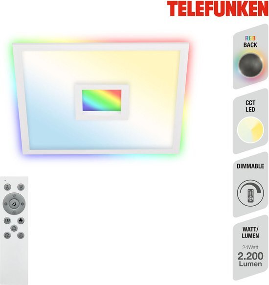 Telefunken CENTERBACK - LED Paneel - 319406TF - CCT kleurtemperatuurregeling - incl. afstandsbediening - RGB backlight effect - RGB centrelight - traploos dimbaar via afstandsbediening - IP20 - 25.000 uur - 44,5 x 44,5 x 6,3 cm