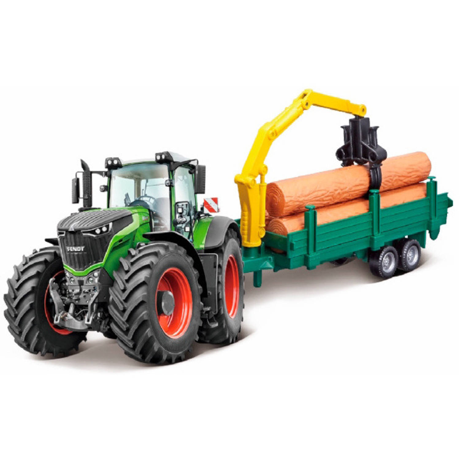 Bburago Fendt 1000 VARIO TRACTOR + TREE FORWARDER 10 CM groen/rood