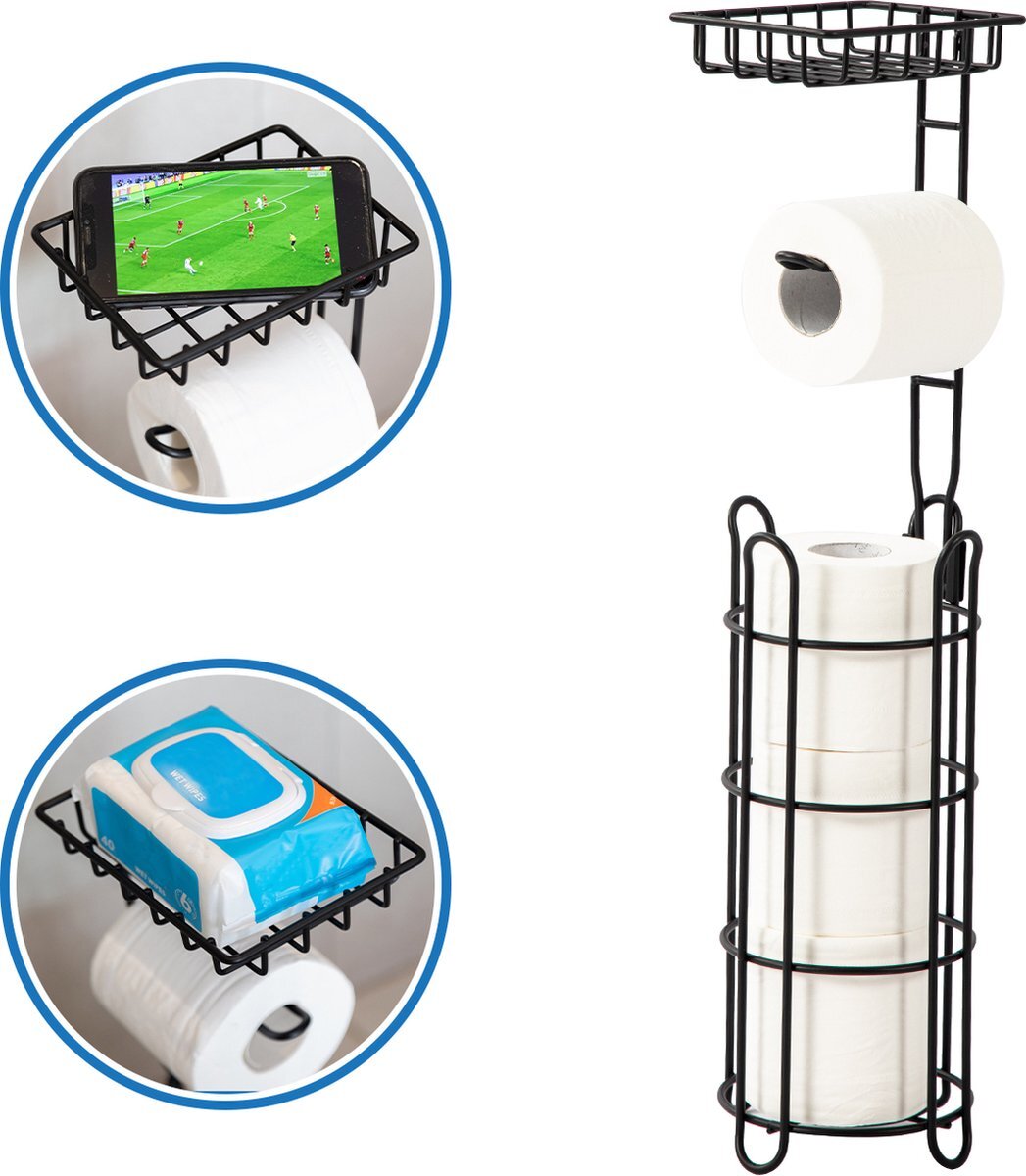 Ogoods Praktische Toiletrolhouder – RVS toiletrolhouder staand – Rolhouder – Zonder Boren - toiletrolstandaard - Zwart