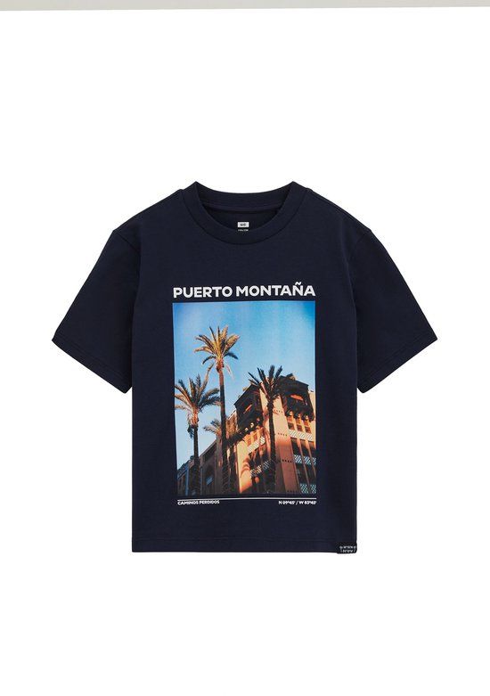 WE Fashion Jongens T-shirt met print donkerblauw Katoen Ronde hals Maat 122/128