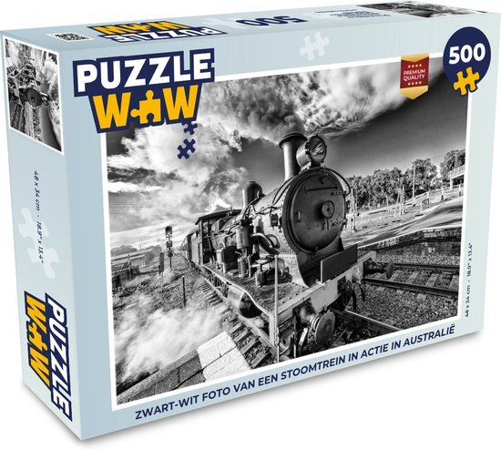 MuchoWow Puzzel Zwart-wit foto van een stoomtrein in actie in Australië - Legpuzzel - Puzzel 500 stukjes