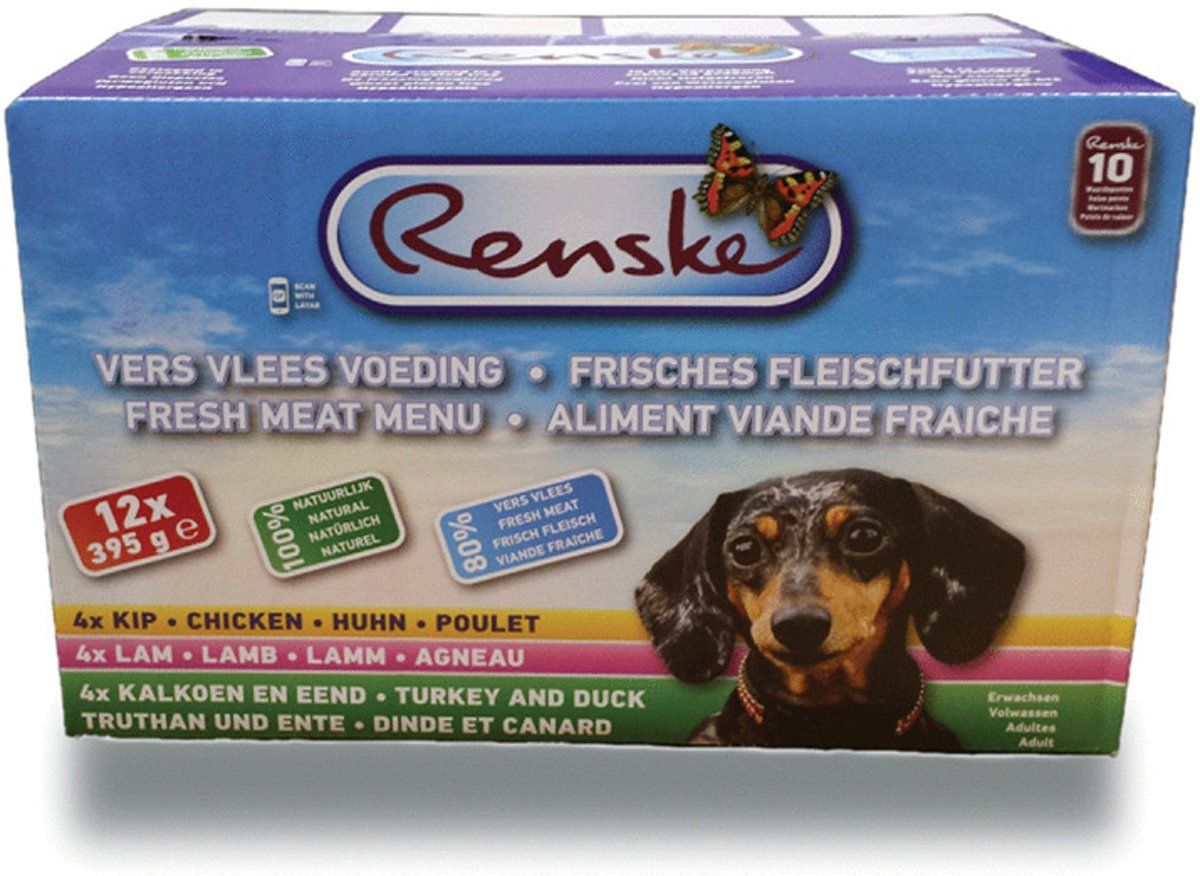 RENSKE Vers Vlees Multidoos - Hond - Natvoer - Kip, Lam, Kalkoen en Eend - 12 x 395 gr
