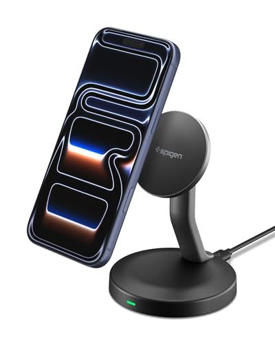 Spigen Essential MagSafe Draadloze oplaadstandaard [met 60 W USB-C-kabel] magnetisch laadstation voor iPhone 17 16 15 14 13 12 Pro Max Air en MagSafe-hoesjes voor Galaxy S25 Ultra, Pixel 10