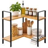 Relaxdays werkbladrek, HxBxD: 33 x 30 x 30 cm, natuur/zwart | 2 etages, tot 5 kg, bamboe & metaal, keuken & badkamer, bureau, klein hoekrek, kruiden, kopjes