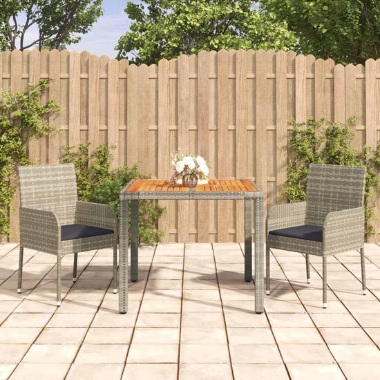 The Living Store Tuinset Modular - Grijs - 2x Tuinstoel met zitkussen - 1x Tafel - PE-rattan - gepoedercoat staal en massief acaciahout