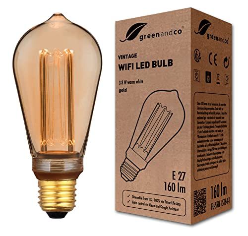 greenandco® WiFi smart LED lamp met app (geen hub nodig) Vintage Design E27 ST64, 3,8W 160lm 1800K 320° 230V, geen flikkering, dimbaar, compatibel met Alexa en Google Assistant