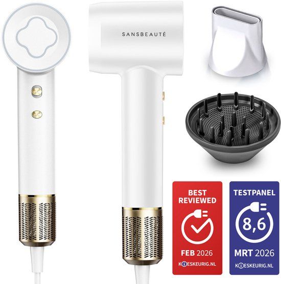 Sansbeauté EssentiaPRO® Hair Dryer - 2000W - Ionic - 3 Attachments - White