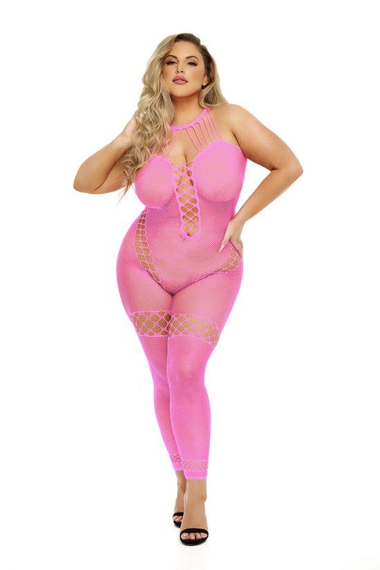 Pink Lipstick Bodystocking Roze Queen Size