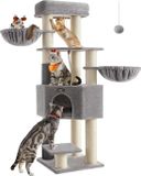 Feandrea Krabpaal met zelfverwarmende dekens, voor grote katten, kattenboom, 2 kattenborstels, 9 dikke stammen van 11,1 cm in diameter, grote platforms, hol, 50 x 50 x 160 cm, grijs