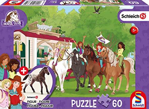 Schmidt Spiele Clubtreffen vor dem Wohnwagen. Puzzle 60 Teile, mit Add-on (eine Original Figur): Kinderpuzzle Schleich mit Add-On, 60 Teile