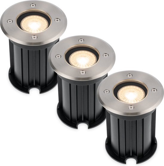 HOFTRONIC 3x Maisy - LED Grondspots voor buiten - Rond - RVS - IP65 waterdicht - Verwisselbare GU10 - 5 Watt - 2700K Warm wit - Dimbaar - Tuinspots en inbouwspots buiten voor in de grond -