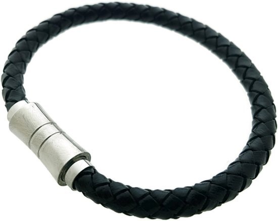 Aramat Jewels Gevlochten leren armband - zwart - heren - 21 cm - 6mm