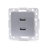 USB-stopcontact - set van 2 USB-stopcontacten, met Duitse en Franse tekst, zilverkleurig, ideaal voor het opladen en dataoverdracht*