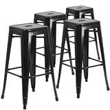 Flash Furniture Barkruk, commerciële kwaliteit, 76 cm hoog, zonder rugleuning, zwart metaal, voor binnen en buiten, vierkante zitting, 4 stuks