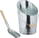 Relaxdays pelletemmer met schep, 10 liter, kolenkit, openhaard accessoire, pelletemmer met hengsel, zilver-natuur